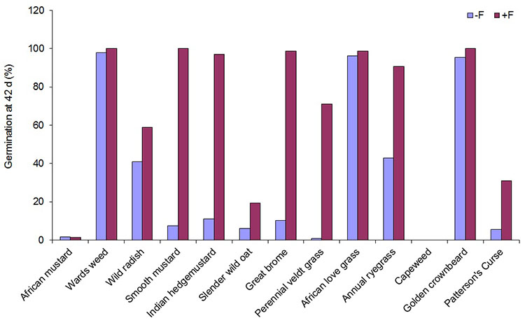 Bar chart of germination at 42% by crop species