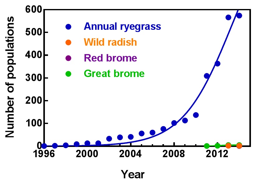 Graph of populations of ryegrass and brome grass with confirmed glyphosate resistance in Australia over 16 years
